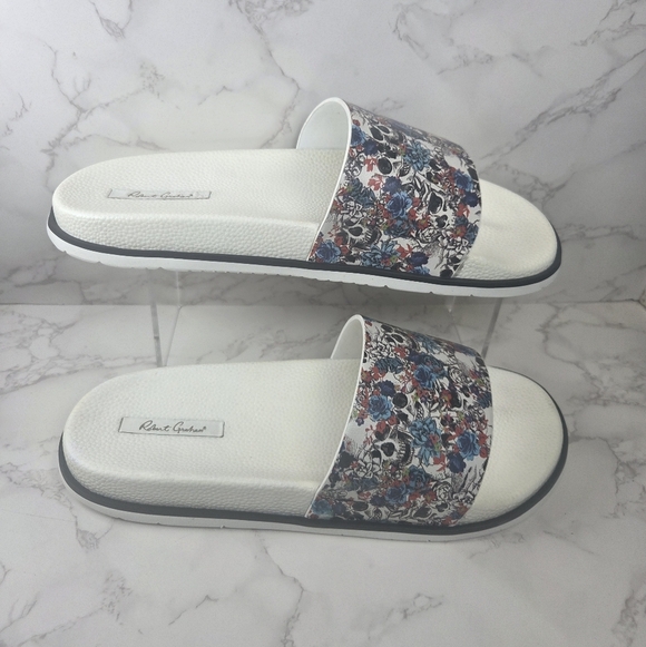 Shoes - Floral Slide Sandals - White and Multicolor